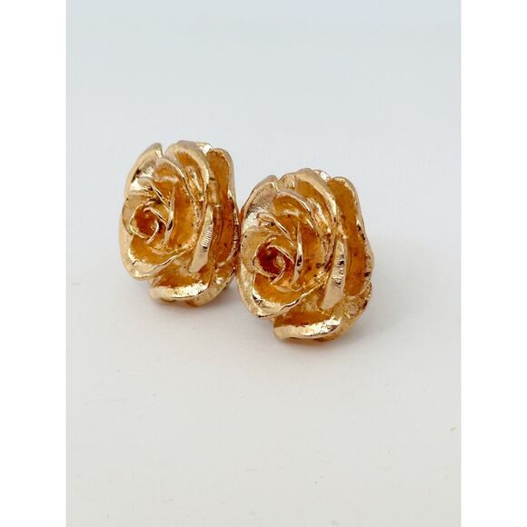 Vintage JBK Gold Tone Rose Clip On Earrings - Picture 4 of 4